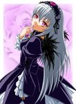  bangs detached_collar doll_joints dress finger_to_mouth flower frills from_above headdress ichikawa_masahiro long_hair looking_back purple_eyes rose rozen_maiden silver_hair solo suigintou wings 