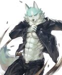  2020 abs anthro black_bottomwear black_clothing black_jacket black_pants black_topwear bottomwear brand_new_animal canid canine canis clothed clothing countershading fur green_body green_eyes green_fur gun hi_res jacket kemono kiyosan looking_at_viewer male mammal muscular muscular_anthro muscular_male open_clothing open_jacket open_topwear pants ranged_weapon shirou_ogami simple_background solo studio_trigger topwear weapon white_background white_body white_countershading wolf 