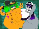  anthro big_breasts breast_squish breasts breasts_frottage bugs_bunny cleavage clothed clothing crossgender domestic_cat felid feline felis female female/female garfield_(series) garfield_the_cat gesture goth hi_res iamzavok lagomorph leporid looney_tunes mammal mtf_crossgender rabbit squish thick_thighs thong underwear v_sign warner_brothers 
