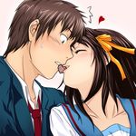  1girl heart hetero kiss kita_high_school_uniform kyon osuzu_akiomi school_uniform shared_food suzumiya_haruhi suzumiya_haruhi_no_yuuutsu valentine 