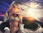  altera_(fate) arm_behind_back bangs blush breasts cloud cloudy_sky collarbone commentary dark_skin detached_sleeves fate/extella fate/extra fate_(series) grasslands hand_in_hair hand_up highres kasuka_(kusuki) light_rays light_smile looking_at_viewer meadow medium_breasts midriff navel red_eyes ribbon silver_hair sky smile solo sunbeam sunlight sunrise tattoo upper_body veil white_ribbon 