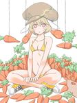  animal_ears bare_shoulders bikini blonde_hair breasts bunny_ears carrot collarbone hair_between_eyes hat indian_style jack_(wkm74959) looking_at_viewer navel red_eyes ringo_(touhou) shoes simple_background sitting small_breasts solo sweat swimsuit touhou white_background yellow_bikini yellow_footwear 