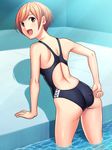  adjusting_clothes adjusting_swimsuit arm_support asics ass black_swimsuit brown_eyes brown_hair competition_swimsuit from_behind highleg highleg_swimsuit highres kuri_(kurigohan) leaning_forward looking_back one-piece_swimsuit open_mouth original pool shadow short_hair shoulder_blades smile solo standing swimsuit thighs tile_floor tiles wading water 