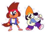  2018 anthro bandanna beanie black_nose brown_fur brown_hair canine clothed clothing collar crossover dog duo fur hair hat k.o._(ok_k.o.!_lbh) kiikittu mammal ok_k.o.!_let&#039;s_be_heroes parappa parappa_the_rapper shorts simple_background video_games yellow_fur 