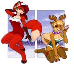  2015 alpha_channel anthro antlers bracelet breasts candy candy_cane canine christmas cleavage clothed clothing collar dog dress duo ear_piercing female food fox fur hair hat holidays horn husky hybrid jewelry jingle_bells kneeling legwear looking_at_viewer mammal mistletoe orange_eyes orange_fur piercing plant pomeranian pomeranian_husky red_hair ribbons santa_hat silverdeni skimpy smile snow snowing stockings tan_fur tight_clothing tongue tongue_out tree white_fur 