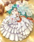  1girl :d blush bouquet breasts bridal_veil bride cleavage commentary_request dress eirika elbow_gloves fire_emblem fire_emblem:_kakusei fire_emblem:_seima_no_kouseki flower frilled_dress frills from_above gloves hair_flower hair_ornament highres holding holding_bouquet long_dress looking_at_viewer looking_up medium_breasts nintendo open_mouth smile solo strapless strapless_dress veil wedding_dress white_dress white_gloves yuino_(fancy_party) 