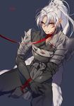  armor artist_name black_gloves blood blood_on_face bloody_clothes blue_background bound bound_wrists collar demon_boy facial_mark fur_trim gloves high_ponytail inu_no_taishou inuyasha japanese_clothes kneeling leash male_focus pointy_ears ponytail sideways_glance silver_hair simple_background sitting solo sukja yellow_eyes 