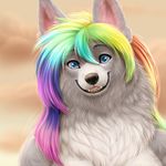  anthro canine diaszoom fangs female fur hair looking_at_viewer mammal multicolored_hair nude rainbow_hair smile solo teeth 