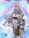  anthro clothed clothing diaszoom feline fur hair looking_at_viewer male mammal melee_weapon muscular smile solo sword weapon 