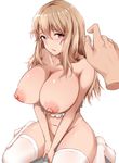  bangs blonde_hair blush bottomless bra bra_pull breasts brown_eyes cleavage collarbone disembodied_limb eyebrows_visible_through_hair frilled_bra frills hair_between_eyes huge_breasts lingerie long_hair looking_at_viewer moruta_(sunu-pio) navel nipples original parted_lips pov pov_hands simple_background sitting solo_focus thighhighs underwear v_arms wariza wavy_hair white_background white_legwear 