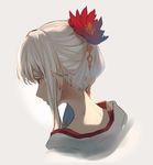  back bangs commentary flower from_behind grey_background hair_ornament japanese_clothes long_hair nape original red_eyes red_flower robe simple_background solo white_hair yoo_(tabi_no_shiori) 