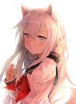  absurdres adjusting_hair animal_ears backlighting blush dog_ears dog_tail from_side hair_between_eyes hibiki_(kantai_collection) highres kantai_collection long_hair looking_at_viewer neckerchief open_mouth school_uniform serafuku shiny shiny_hair sidelocks silver_eyes silver_hair solo somalisu tail upper_body 