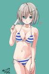  2016 absurdres areola_slip areolae bikini blue_eyes breasts cleavage condom dated eyebrows eyebrows_visible_through_hair eyes_visible_through_hair food hair_ornament hair_over_one_eye hairclip hamakaze_(kantai_collection) highres holding holding_condom kantai_collection kntrs_(knyrs) large_breasts navel popsicle signature silver_hair smile solo standing striped striped_bikini swimsuit 