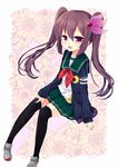  alternate_hairstyle black_legwear brown_hair crescent crescent_moon_pin floral_background green_skirt jacket kantai_collection kisaragi_(kantai_collection) long_hair looking_at_viewer nagasioo open_mouth purple_eyes remodel_(kantai_collection) school_uniform serafuku shoes skirt sleeves_past_wrists solo thighhighs twintails uwabaki zettai_ryouiki 