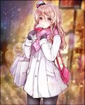  akira_(aky-la) alcohol bag bangs black_gloves black_legwear blurry blurry_background border buttons coat commentary_request cowboy_shot cup drinking_glass fur_trim gloves hair_between_eyes hat highres holding holding_cup kantai_collection lantern long_hair long_sleeves looking_at_viewer mini_hat pantyhose paper_bag pink_scarf pocket pola_(kantai_collection) red_eyes scarf shoulder_bag signature solo sparkle storefront wavy_hair white_coat wine wine_glass winter_clothes 