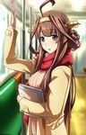  ahoge arm_up blue_eyes book brown_hair brown_jacket casual double_bun eyebrows eyebrows_visible_through_hair ground_vehicle hand_grip headgear holding holding_book jacket kantai_collection kobamiso_(kobalt) kongou_(kantai_collection) long_hair long_sleeves looking_at_viewer open_mouth pink_sweater pole red_scarf remodel_(kantai_collection) ribbed_sweater scarf seat solo sweater train_interior 