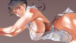  apron areola_slip areolae bare_shoulders black_hair blue_eyes blush breasts covered_nipples gradient gradient_background high_ponytail highres houshou_(kantai_collection) kantai_collection kunifuto large_breasts long_hair looking_at_viewer naked_apron parted_lips ponytail solo 