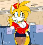  2014 aircraft akatsukishiranui-fox anthro big_breasts breasts canine cleavage clothed clothing crossgender female flight_attendant fox fur hi_res mammal melissa_&quot;tailsko&quot;_prower miles_prower smile solo sonic_(series) video_games 