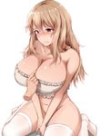  assisted_exposure bangs bare_shoulders blonde_hair blush bottomless bra breasts brown_eyes cleavage closed_mouth collarbone disembodied_limb eyebrows_visible_through_hair frilled_bra frills hair_between_eyes half-closed_eyes huge_breasts lingerie long_hair looking_down moruta_(sunu-pio) navel nose_blush original pov pov_hands simple_background sitting solo_focus thighhighs underwear v_arms wariza wavy_hair white_background white_legwear 