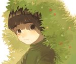  bangs black_eyes black_hair blunt_bangs blush bush closed_mouth eyebrows flower from_side green looking_at_viewer male_focus morioskn naruto naruto_(series) plant rock_lee shade solo thick_eyebrows upper_body wavy_mouth white_background 
