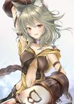  animal_ears arm_up armpits bangs blush breasts claw_(weapon) claws cleavage collar erune fang granblue_fantasy grey_hair hair_between_eyes highres looking_at_viewer medium_breasts navel open_mouth red_eyes sen_(granblue_fantasy) shimono_(utapre) short_hair solo weapon 