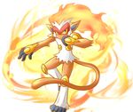  5_fingers 5_toes aikawa_(pipimaro) ambiguous_gender barefoot blue_eyes fire flaming_hair front_view fur hair infernape looking_at_viewer nintendo on_one_leg orange_fur pok&eacute;mon simple_background solo standing toes video_games white_background white_fur yellow_sclera 