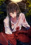  alternate_form artist_name black_hair blood blood_on_face bloody_clothes clenched_teeth facial_mark hair_between_eyes inuyasha inuyasha_(character) japanese_clothes leaf long_hair looking_at_viewer male_focus outdoors rain sitting slit_pupils solo sukja sunlight teeth wet wet_clothes wet_hair yellow_eyes 