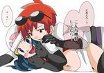  2girls blue_eyes blue_hair blush hainchu hikari_(pokemon) multiple_girls navel nintendo nozomi_(pokemon) pokemon red_eyes red_hair smile sweat team_rocket_(cosplay) translation_request yuri 