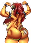  2018 anthro band-aid bandage big_breasts blush bowser breasts butt choker clenched_fists collar crossgender digital_media_(artwork) fangs female hair hi_res horn isolatedartest_(artist) koopa long_hair looking_back mario_bros nintendo nipple_piercing nipples non-mammal_breasts nude orange_skin piercing raised_arm rear_view red_eyes red_hair scalie short_tail slightly_chubby spiked_collar spikes video_games 