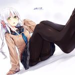  2016 absurdres arm_support ass black_legwear blush commentary_request crotch_seam dated dutch_angle eyebrows eyebrows_visible_through_hair green_eyes grey_hair hair_between_eyes hair_ornament hair_scrunchie highres long_hair long_sleeves looking_at_viewer mitoko_(tsuchikure) neckerchief no_shoes on_floor one_side_up open_mouth original panties panties_under_pantyhose pantyhose pantyshot perspective pleated_skirt school_uniform scrunchie serafuku sitting skirt sleeves_past_wrists solo sweater thighband_pantyhose tsuchikure twitter_username underwear upskirt white_panties 