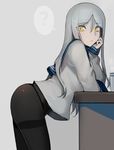  ? chin_rest commentary grey_background grey_hair grey_skin kantai_collection long_hair long_sleeves looking_at_viewer no_pants panties pantyhose school_uniform serafuku shinkaisei-kan solo spoken_question_mark ta-class_battleship thighband_pantyhose underwear walzrj yellow_eyes 