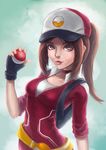  alternate_eye_color baseball_cap belt black_gloves breasts brown_eyes brown_hair choker closed_mouth contrapposto female_protagonist_(pokemon_go) fingerless_gloves gloves hat holding holding_poke_ball jun_roar lips long_hair looking_at_viewer nose poke_ball poke_ball_(generic) poke_ball_print pokemon pokemon_go ponytail red_choker small_breasts solo standing 