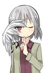  finger_to_mouth grey_hair highres kishin_sagume ladfa one_eye_closed red_eyes single_wing smile solo touhou wings 