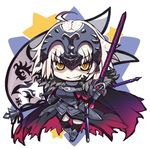  armor armored_dress blonde_hair chain elbow_gloves fate/grand_order fate_(series) flag gloves headpiece helmet jeanne_d'arc_(alter)_(fate) jeanne_d'arc_(fate)_(all) long_hair looking_at_viewer shirabi smile solo sword thighhighs weapon yellow_eyes 