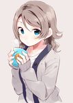  blue_eyes blush brown_hair cardigan collarbone commentary_request cup grey_background holding holding_cup long_sleeves looking_at_viewer love_live! love_live!_sunshine!! shirt short_hair sleeves_past_wrists solo steam totoki86 upper_body watanabe_you white_shirt 