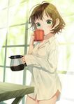  blurry blush bottomless breasts brown_hair buttons cleavage coffee coffee_mug coffee_pot collared_shirt commentary covered_mouth cowboy_shot cup curtains depth_of_field dress_shirt green_eyes highres holding holding_cup indoors long_sleeves looking_at_viewer messy_hair morning mug naked_shirt original shirt short_hair sleeves_past_wrists small_breasts solo warabimochi_kinako window wooden_table 