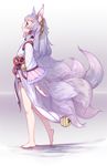  animal_ears bare_legs barefoot bell chain_chronicle facial_mark feet flower fox_ears fox_tail from_side gen_(bividgen) hair_flower hair_ornament highres inami_(chain_chronicle) japanese_clothes jingle_bell kimono lavender_hair long_hair looking_up multiple_tails obi sash short_kimono solo standing tail tattoo walking wide_sleeves yellow_eyes 