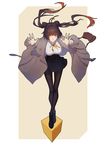  antenna_hair bag bangs beige_background black_hair black_legwear black_skirt border breasts closed_mouth clothes_writing coat crossed_ankles crossed_legs cube daye_bie_qia_lian double_bun dress_shirt eyebrows eyebrows_visible_through_hair floating_hair full_body girls_frontline grey_coat high-waist_skirt highres large_breasts leaning_forward long_hair long_sleeves looking_at_viewer m14_(girls_frontline) neck_ribbon orange_eyes outside_border palms pantyhose ribbon shirt shoulder_bag skirt solo spread_fingers standing thigh_gap twintails unbuckled watson_cross white_border white_shirt yellow_eyes yellow_ribbon 