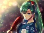  1girl blue_kimono blush collarbone earrings fan festival fire_emblem fire_emblem:_rekka_no_ken fire_emblem_heroes fireworks floral_print flower green_eyes green_hair hair_flower hair_ornament high_ponytail holding holding_fan japanese_clothes jewelry kazame kimono long_hair lyndis_(fire_emblem) night nintendo open_mouth paper_fan ponytail print_kimono solo taiga_kazame 