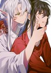  alternate_form artist_name bangs black_hair blood blood_on_face blood_on_fingers brothers closed_mouth facial_mark forehead_mark hair_between_eyes half-siblings hand_on_another's_face implied_yaoi inuyasha inuyasha_(character) long_hair male_focus multiple_boys parted_bangs pointy_ears profile sesshoumaru siblings silver_hair sukja yellow_eyes 
