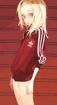  1girl adidas amiami blonde_hair blue_eyes female logo original solo standing track_suit 