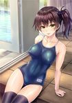  ass_visible_through_thighs black_legwear breasts brown_hair competition_school_swimsuit covered_nipples green_eyes impossible_clothes kaga_(kantai_collection) kantai_collection kotatsu_(kotatsu358) large_breasts name_tag one-piece_swimsuit parted_lips school_swimsuit side_ponytail sitting solo swimsuit thighhighs 