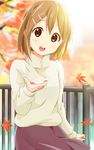  autumn_leaves brown_eyes brown_hair brown_skirt hair_ornament hairclip hirasawa_yui k-on! kisuke_(akutamu) long_skirt looking_at_viewer open_mouth railing round_teeth short_hair skirt smile solo standing sweater teeth 