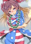  american_flag_dress bead_necklace beads blush breasts brown_hair chikado clownpiece clownpiece_(cosplay) commentary cosplay covered_navel cowboy_shot crossed_arms fire gradient_hair hat hijiri_byakuren jester_cap jewelry large_breasts long_hair looking_at_viewer multicolored_hair necklace pantyhose polka_dot prayer_beads purple_eyes purple_hair short_sleeves solo standing torch touhou 