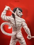 anthro backsack balls dagger diaszoom feline flaccid looking_at_viewer male mammal melee_weapon muscular nude penis smile solo tiger weapon 