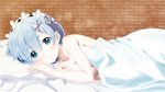  bed_sheet blue_eyes blue_hair blush breasts brick_wall hair_ornament highres looking_at_viewer lying maid_headdress medium_breasts naked_sheet nude on_side pillow pink_ribbon re:zero_kara_hajimeru_isekai_seikatsu rem_(re:zero) ribbon ryoumei50 smile solo under_covers x_hair_ornament 