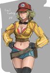  baseball_cap black_gloves blonde_hair breasts cidney_aurum copyright_name cropped_jacket final_fantasy final_fantasy_xv gloves goggles goggles_around_neck green_eyes hat highres jacket large_breasts navel short_hair short_shorts shorts solo tetsu_(kimuchi) thighhighs 