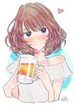  alcohol artist_name beer beer_mug blush brown_hair closed_mouth cup drink eyebrows_visible_through_hair face heart heterochromia holding holding_cup idolmaster idolmaster_cinderella_girls kyo_(kyokuto016) light_smile looking_at_viewer medium_hair mole mole_under_eye signature simple_background solo takagaki_kaede upper_body white_background 