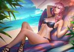  asymmetrical_hair beach beach_chair bikini blue_eyes breasts cleavage commentary day final_fantasy final_fantasy_xiii jewelry jpeg_artifacts lightning_farron looking_at_viewer medium_breasts navel necklace nudtawut_thongmai ocean palm_tree parted_lips pink_hair reclining solo swimsuit tree umbrella 