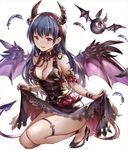  77gl bat_wings blue_hair breasts cleavage demon_horns demon_tail feathers granblue_fantasy_(style) hair_bun high_heels horns legs long_hair looking_at_viewer love_live! love_live!_sunshine!! medium_breasts one-eyed open_mouth purple_eyes purple_wings skirt skirt_hold smile solo tail tsushima_yoshiko white_background wings 